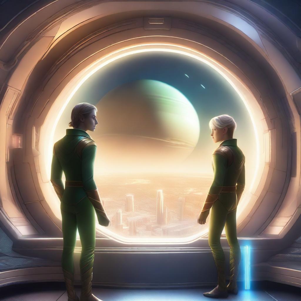 A detailed illustration of two male elves on a futuristic spaceship, standing side by side and holding hands