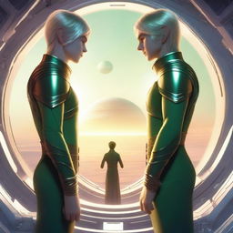 A detailed illustration of two male elves on a futuristic spaceship, standing side by side and holding hands