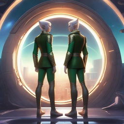 A detailed illustration of two male elves on a futuristic spaceship, standing side by side and holding hands