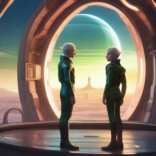 A detailed illustration of two male elves on a futuristic spaceship, standing side by side and holding hands