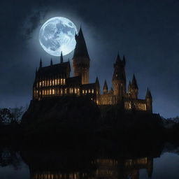 A nighttime scene of Hogwarts, the castle's silhouette illuminated by the full moon light, radiating a magical and mysterious atmosphere. Shadows and reflections hinting at hidden secrets involving Malfoy's sister and Harry Potter.