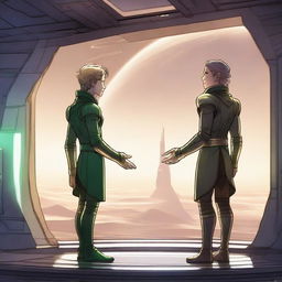 A detailed illustration of two male elves on a futuristic spaceship, standing side by side and holding hands