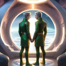 A detailed illustration of two male elves on a futuristic spaceship, standing side by side and holding hands