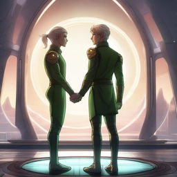 A detailed illustration of two male elves on a futuristic spaceship, standing side by side and holding hands