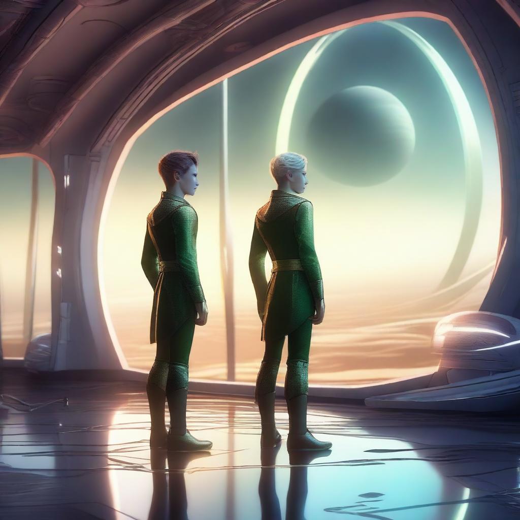 A detailed illustration of two male elves on a futuristic spaceship, standing side by side and holding hands