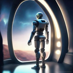 A detailed illustration of a robot standing inside a futuristic spaceship, looking out a large window at the vast expanse of space