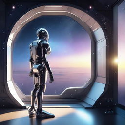 A detailed illustration of a robot standing inside a futuristic spaceship, looking out a large window at the vast expanse of space