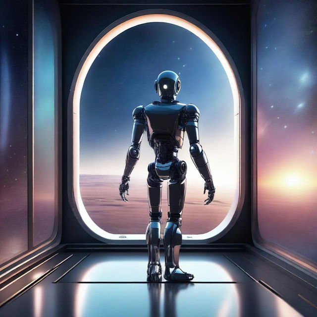 A detailed illustration of a robot standing inside a futuristic spaceship, looking out a large window at the vast expanse of space