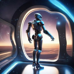 A detailed illustration of a futuristic robot standing inside a sleek spaceship, looking out a large window at the vast expanse of space