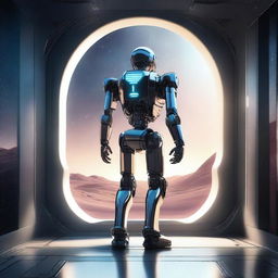 A detailed illustration of a futuristic robot standing inside a sleek spaceship, looking out a large window at the vast expanse of space