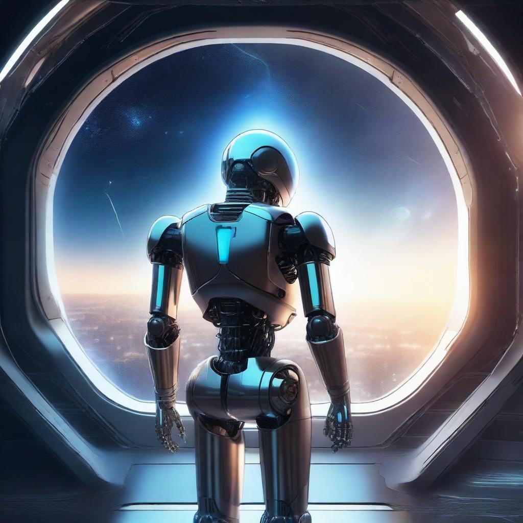 A detailed illustration of a futuristic robot standing inside a sleek spaceship, looking out a large window at the vast expanse of space