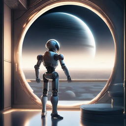 A detailed illustration of a robot standing inside a futuristic spaceship, looking out a large window at the planet Saturn