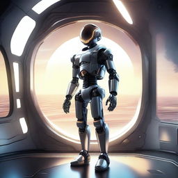 A detailed illustration of a robot standing inside a futuristic spaceship, looking out a large window at the planet Saturn