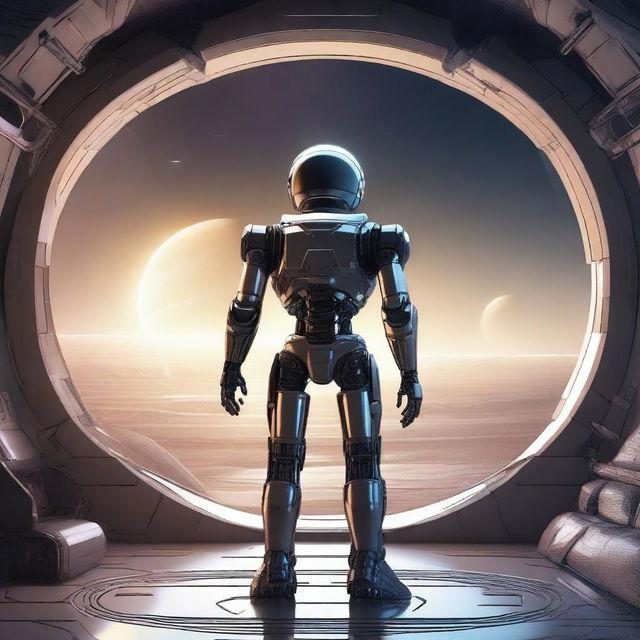 A detailed illustration of a robot standing inside a futuristic spaceship, looking out a large window at the stunning view of Saturn with its rings prominently visible