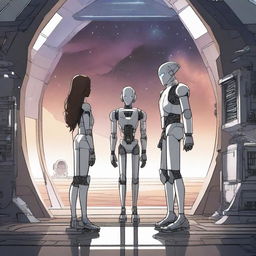 A detailed illustration of a robot standing inside a futuristic spaceship, holding hands with two elves while looking out a large window at the vast expanse of space