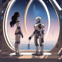 A detailed illustration of a robot standing inside a futuristic spaceship, holding hands with two elves while looking out a large window at the vast expanse of space