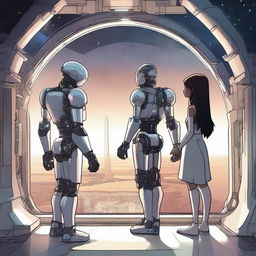 A detailed illustration of a robot standing inside a futuristic spaceship, holding hands with two elves while looking out a large window at the vast expanse of space