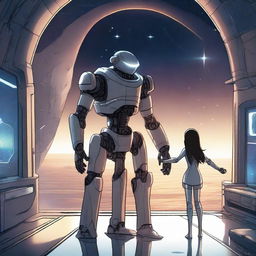 A detailed illustration of a robot standing inside a futuristic spaceship, holding hands with two elves while looking out a large window at the vast expanse of space