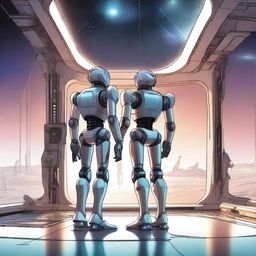 A detailed illustration of a robot standing inside a futuristic spaceship, holding hands with two male elves