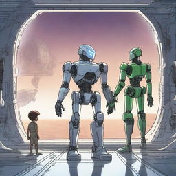 A detailed illustration of a robot standing inside a futuristic spaceship, holding hands with two male elves