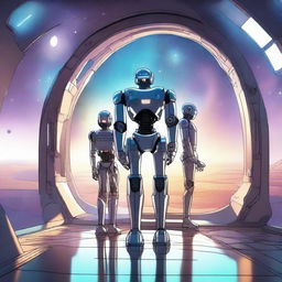 A detailed illustration of a robot standing inside a futuristic spaceship, holding hands with two male elves