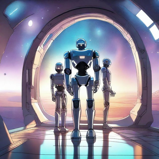 A detailed illustration of a robot standing inside a futuristic spaceship, holding hands with two male elves