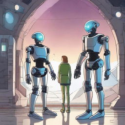 A detailed illustration of a robot standing inside a futuristic spaceship, holding hands with two male elves