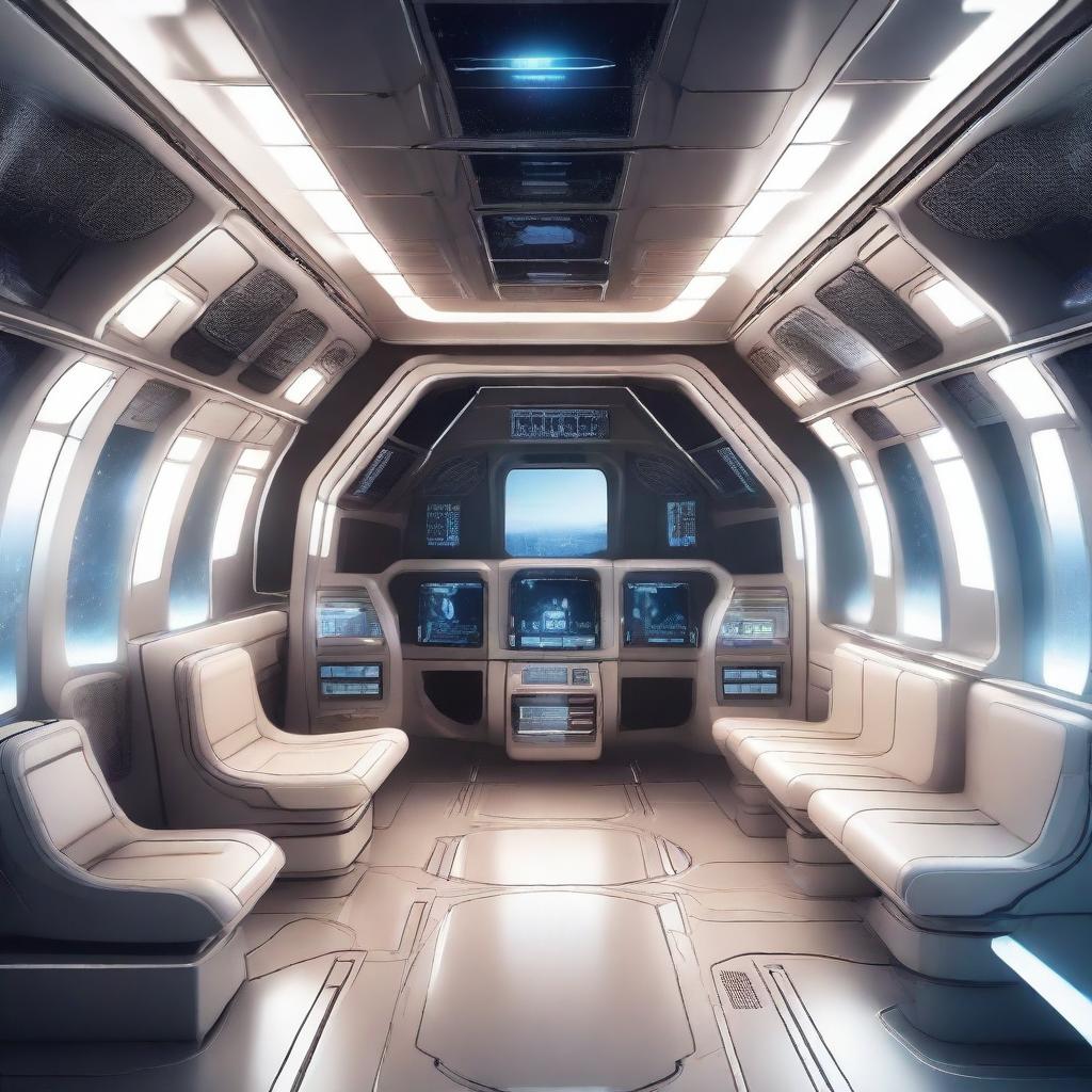 A detailed illustration of the interior of a futuristic spaceship