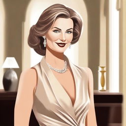 Create an illustration featuring an attractive, mature woman with a confident and alluring demeanor