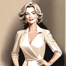 Create an illustration featuring an attractive, mature woman with a confident and alluring demeanor