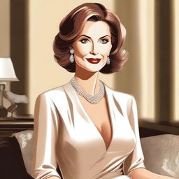 Create an illustration featuring an attractive, mature woman with a confident and alluring demeanor