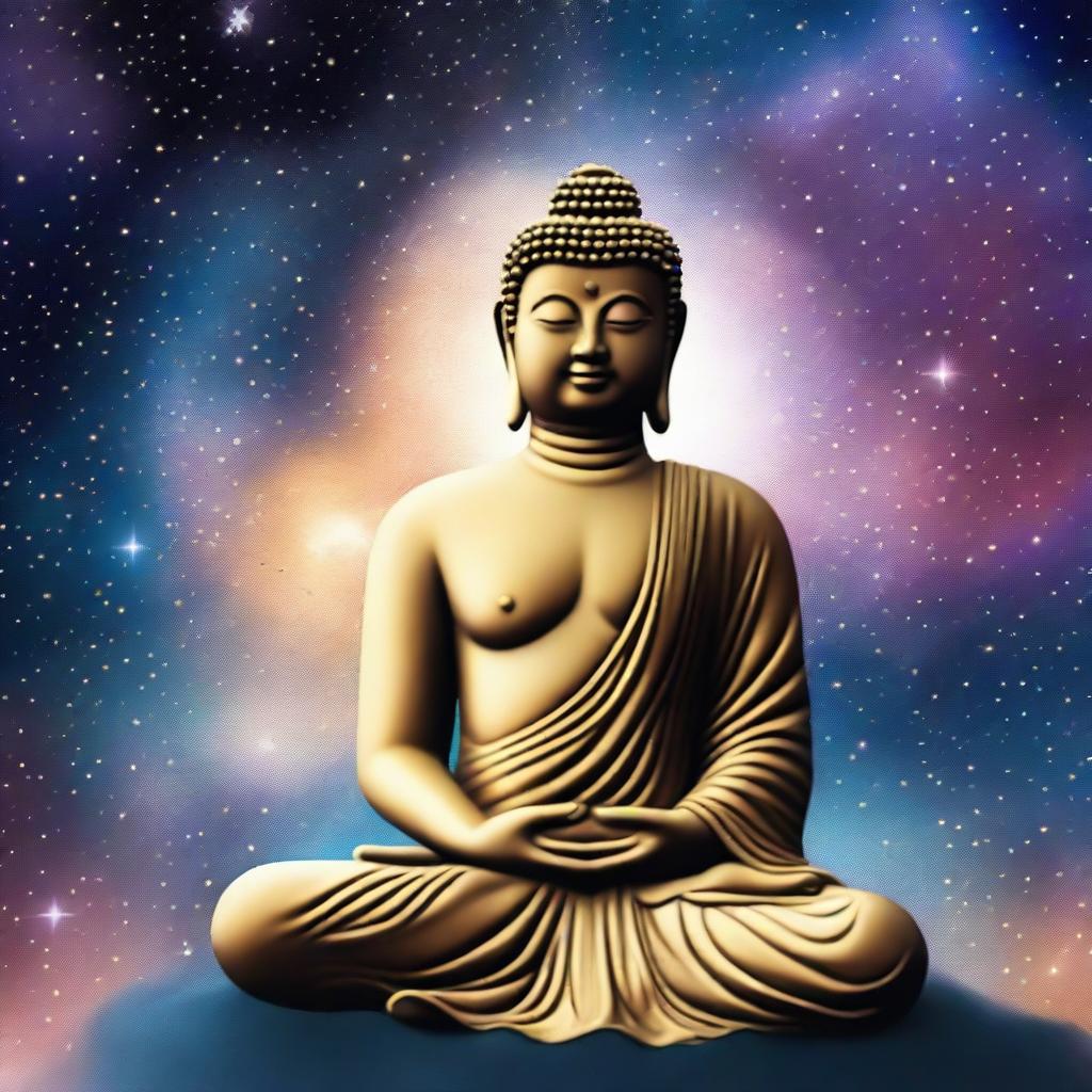 A serene book cover featuring Buddha in a meditative pose, contemplating the vastness of the galaxy