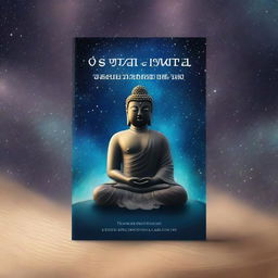 A serene book cover featuring Buddha in a meditative pose, contemplating the vastness of the galaxy