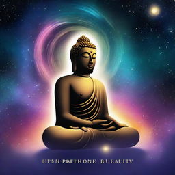 A serene book cover featuring Buddha in a meditative pose, contemplating the vastness of the galaxy