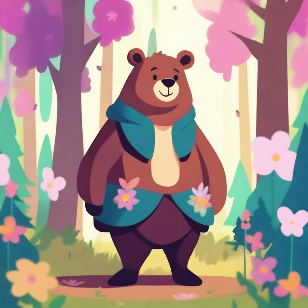 A cute human-bear hybrid character standing in a whimsical forest