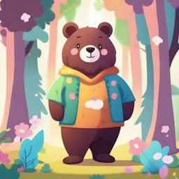 A cute human-bear hybrid character standing in a whimsical forest