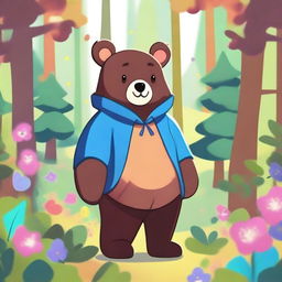 A cute human-bear hybrid character standing in a whimsical forest