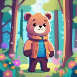 A cute human-bear hybrid character standing in a whimsical forest