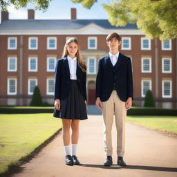 A beautiful female boarding school girl and a handsome male student standing together in front of an elegant, historic boarding school building