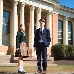 A beautiful female boarding school girl and a handsome male student standing together in front of an elegant, historic boarding school building