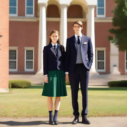 A beautiful female boarding school girl and a handsome male student standing together in front of an elegant, historic boarding school building