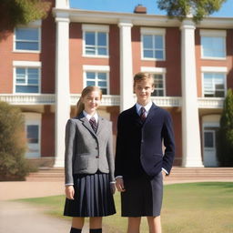 A beautiful female boarding school girl and a handsome male student standing together in front of an elegant, historic boarding school building