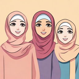 Create an animation-style image featuring beautiful girls wearing hijabs