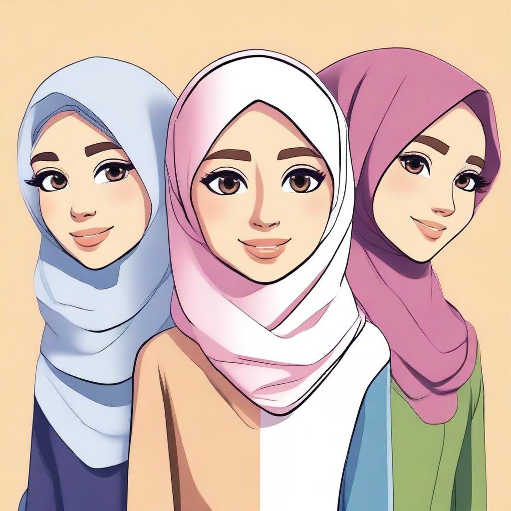 Create an animation-style image featuring beautiful girls wearing hijabs