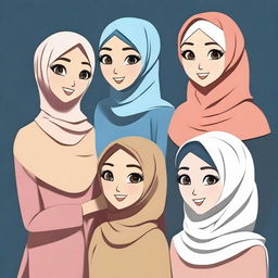 Create an animation-style image featuring beautiful girls wearing hijabs