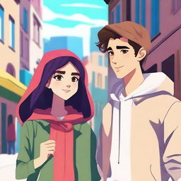 Create an animation-style image featuring a beautiful veiled girl and a handsome teenager