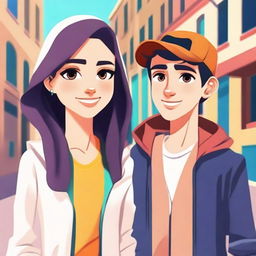 Create an animation-style image featuring a beautiful veiled girl and a handsome teenager