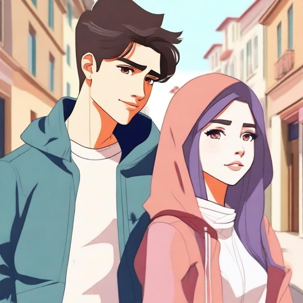 Create an animation-style image featuring a beautiful veiled girl and a handsome teenager