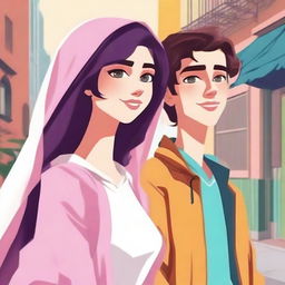 Create an animation-style image featuring a beautiful veiled girl and a handsome teenager