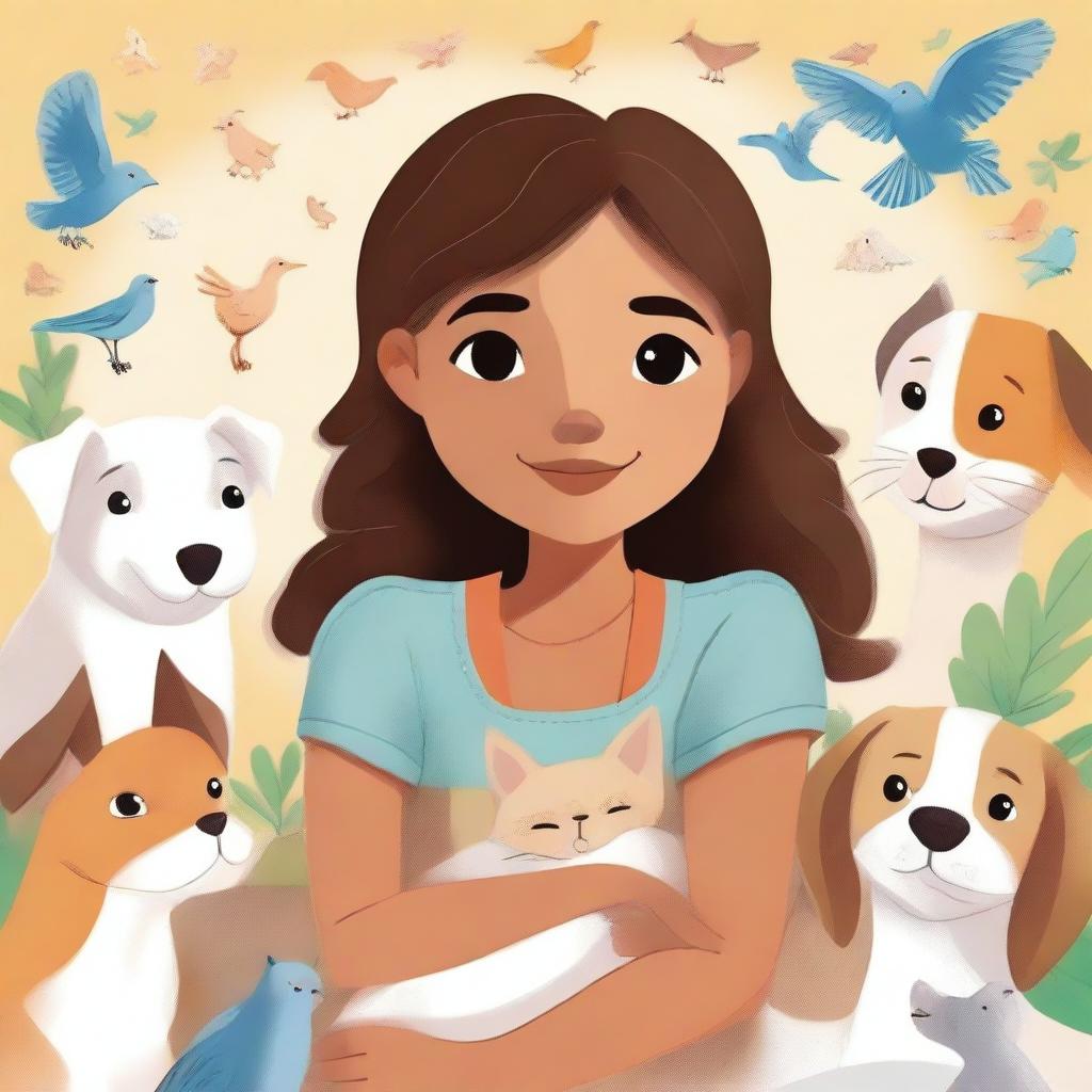 An enchanting illustration of a young girl named Sophia, surrounded by various animals like dogs, cats, and birds